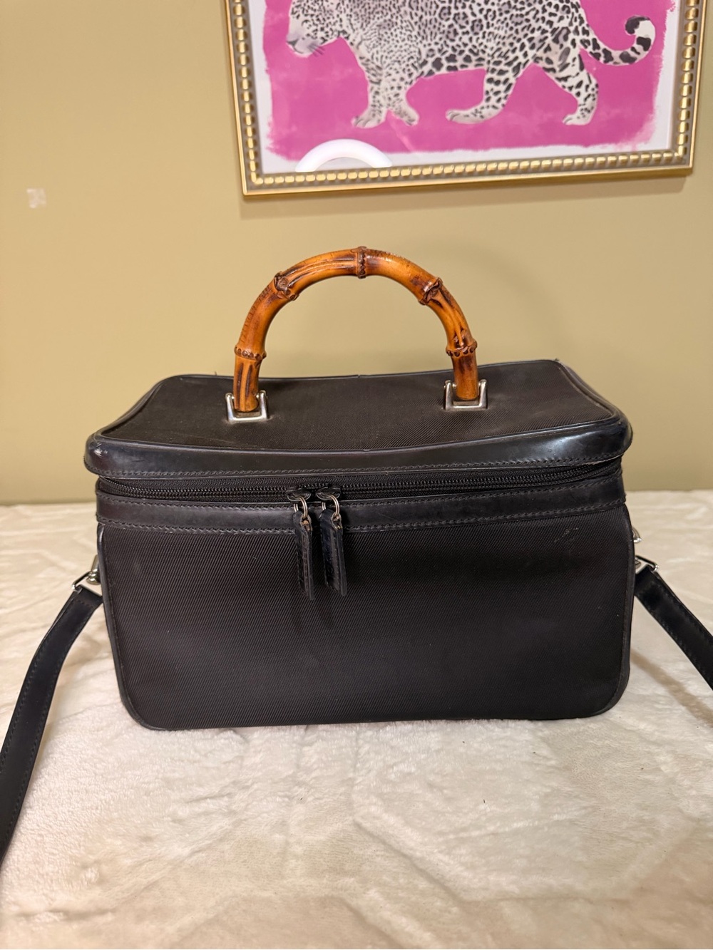 Gucci Black Nylon Cosmetic/ Vanity Case with Bamboo Handle